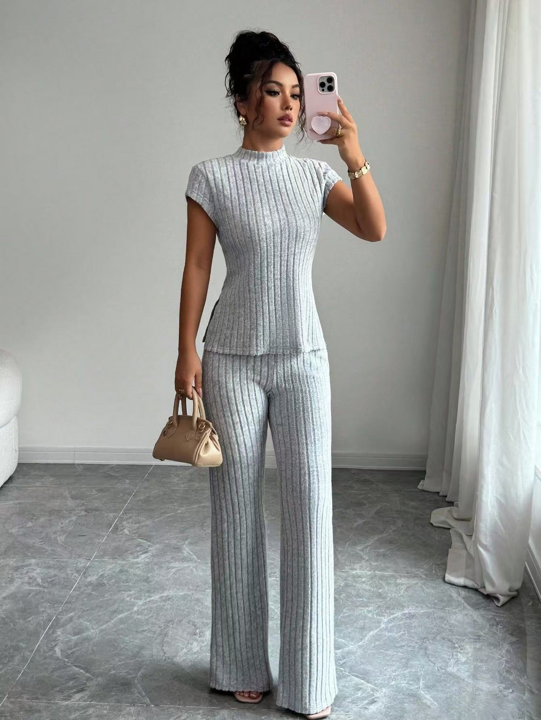 Casual solid color ribbed casual pants suit