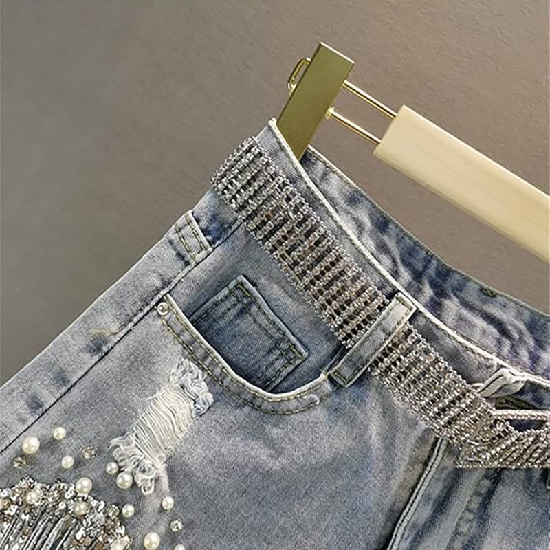 Stylish Distressed Denim Shorts with Fringes and Chains