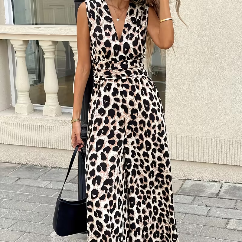 Leopard print sleeveless V-neck jumpsuit