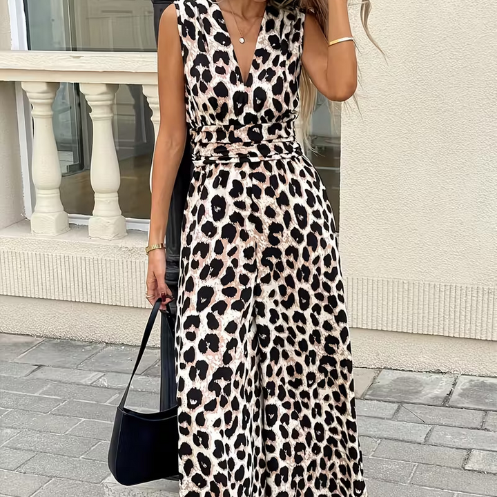 Leopard print sleeveless V-neck jumpsuit