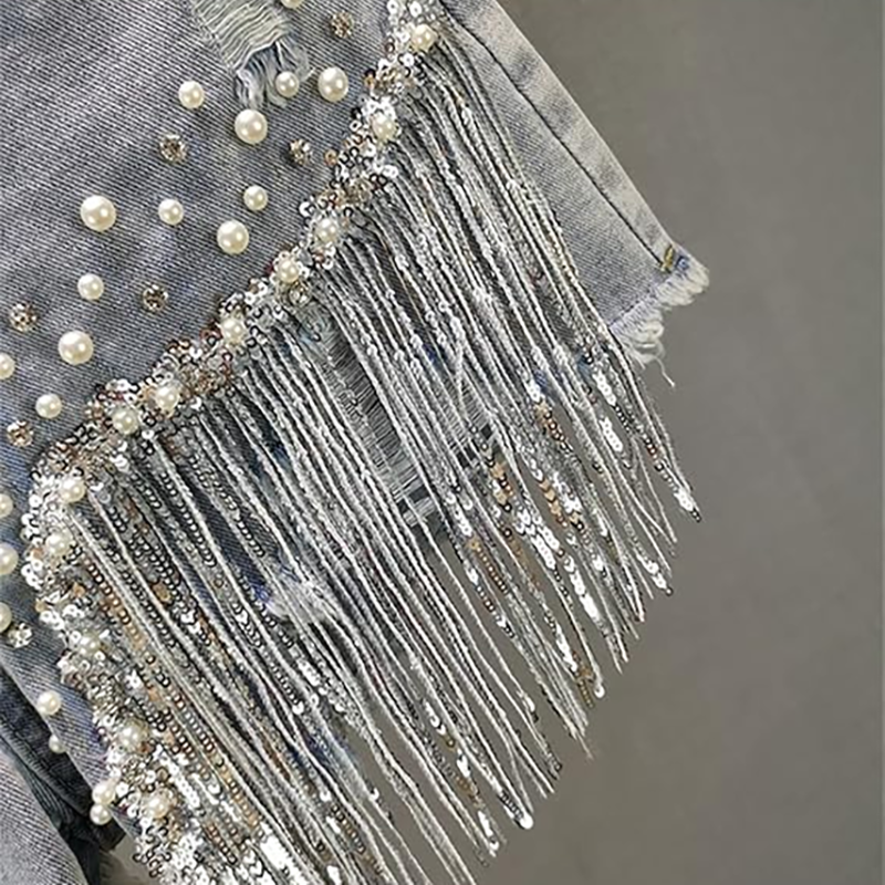 Stylish Distressed Denim Shorts with Fringes and Chains