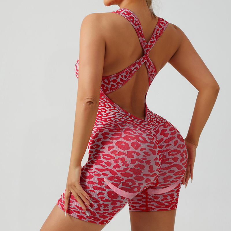 Leopard print crossover backless jumpsuit shorts