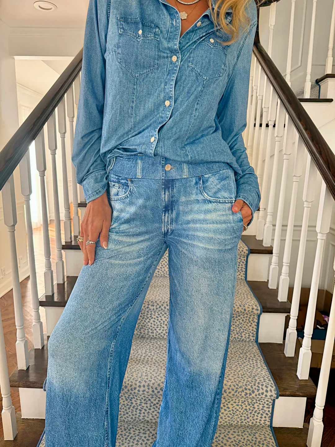 Loose-fitting printed faux denim suit