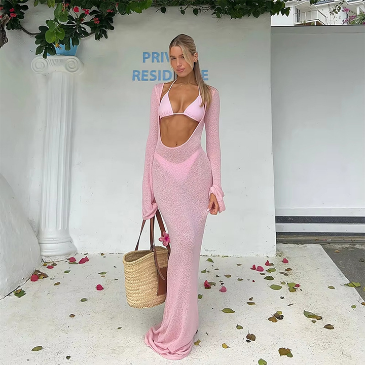 Halter-neck three-piece bikini swimsuit and mesh dress three-piece set