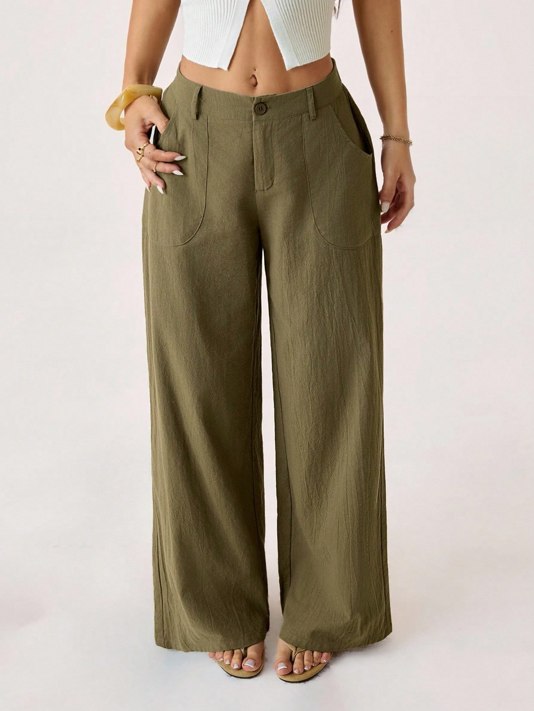 Solid color mid-rise wide-leg trousers