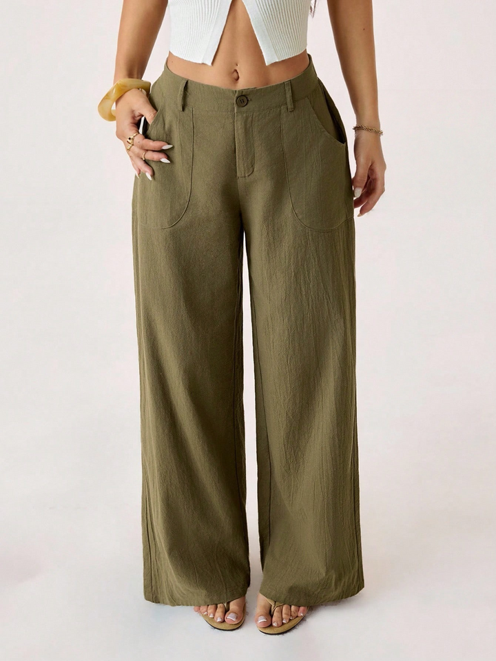 Solid color mid-rise wide-leg trousers