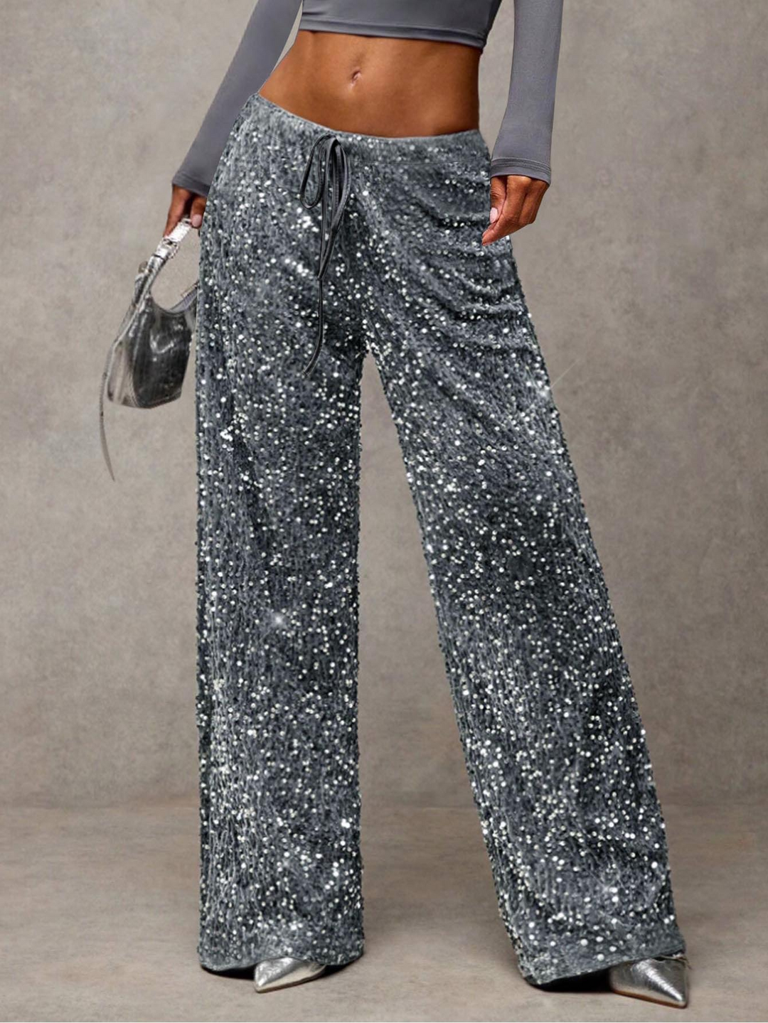 Sequined drawstring stretch straight leg pants