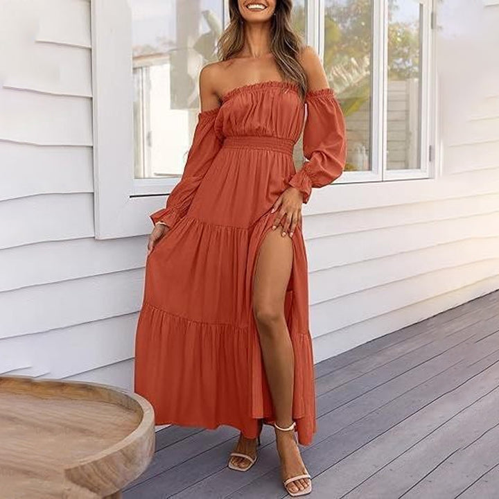 A-line Off-the-Shoulder Layered Maxi Dress with Slit