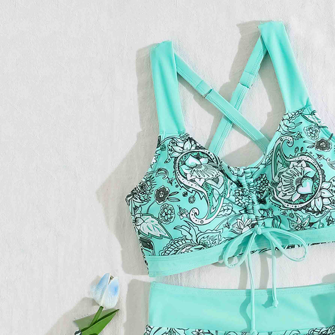 Printed drawstring bikini three-piece set