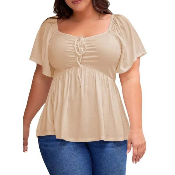 U-neck tie-waist puff sleeve top
