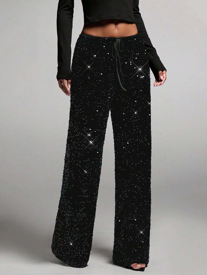 Sequined drawstring stretch straight leg pants