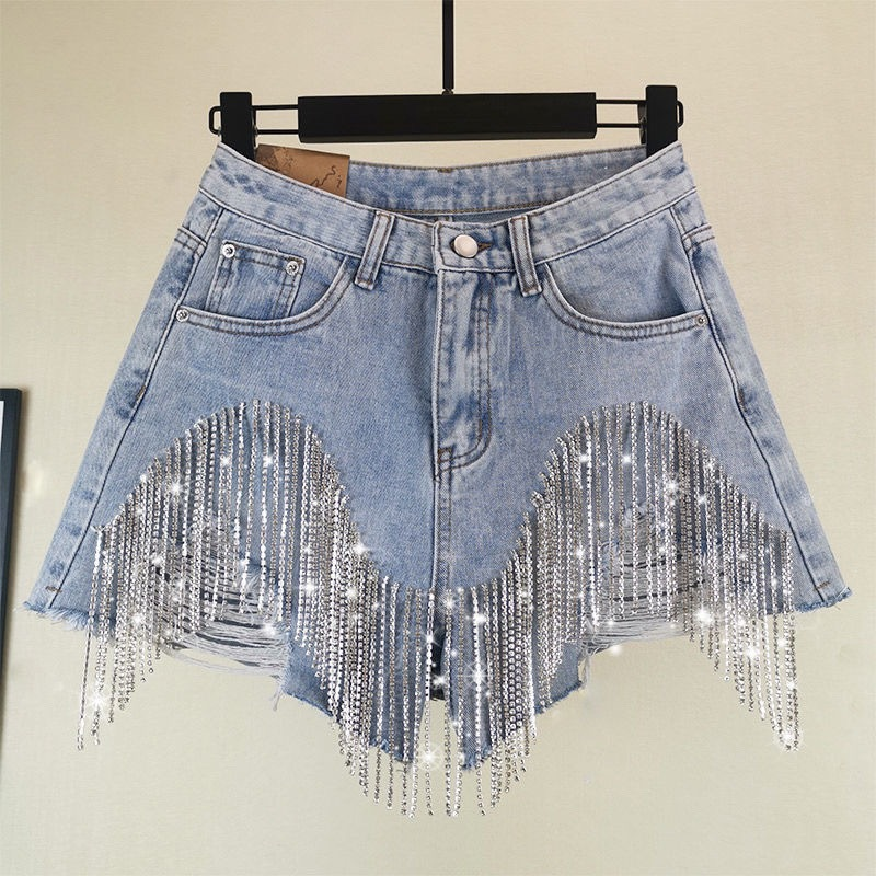 Stylish Distressed Denim Shorts with Fringes and Chains