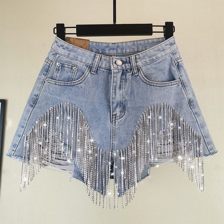Stylish Distressed Denim Shorts with Fringes and Chains