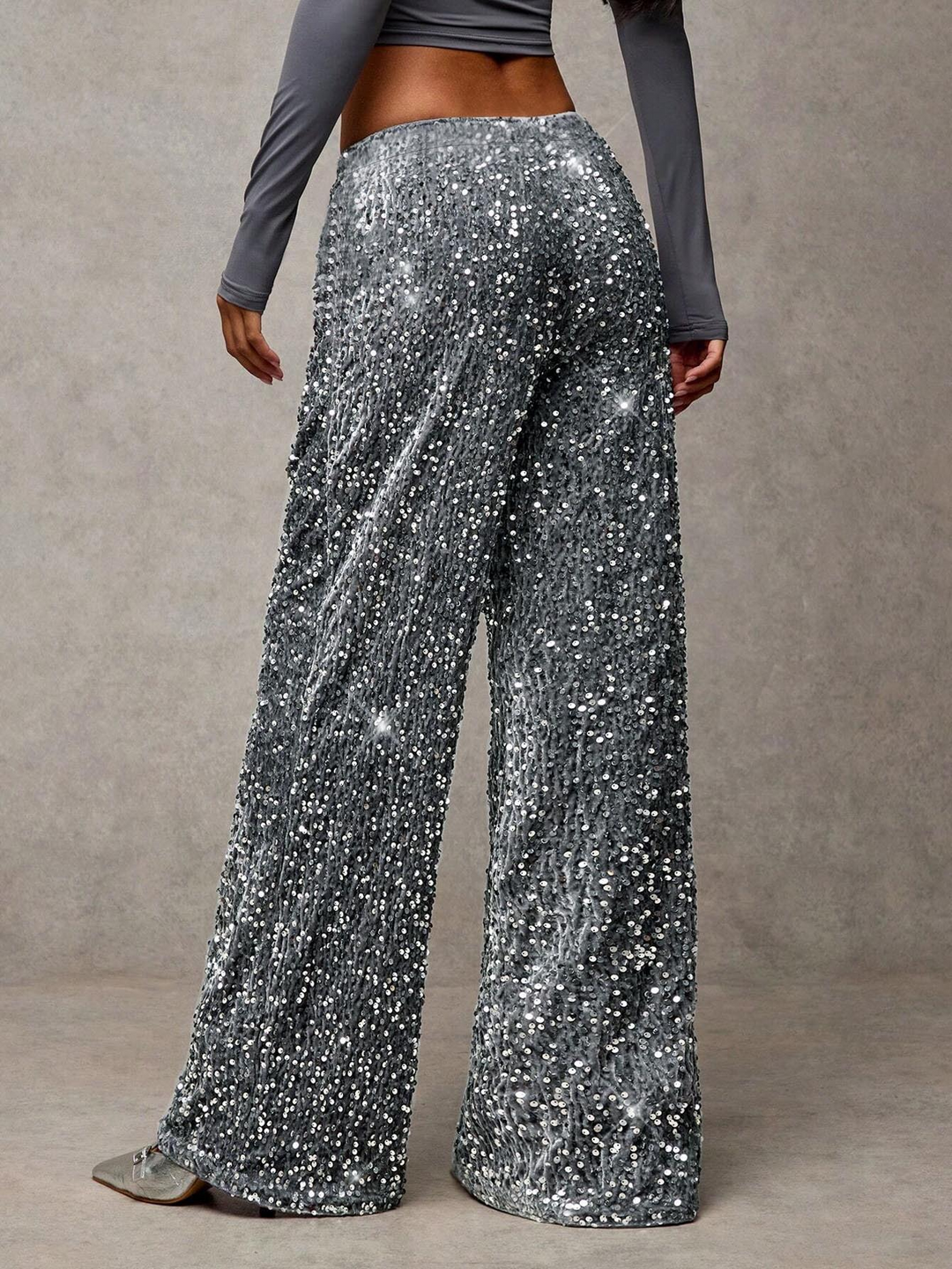 Sequined drawstring stretch straight leg pants