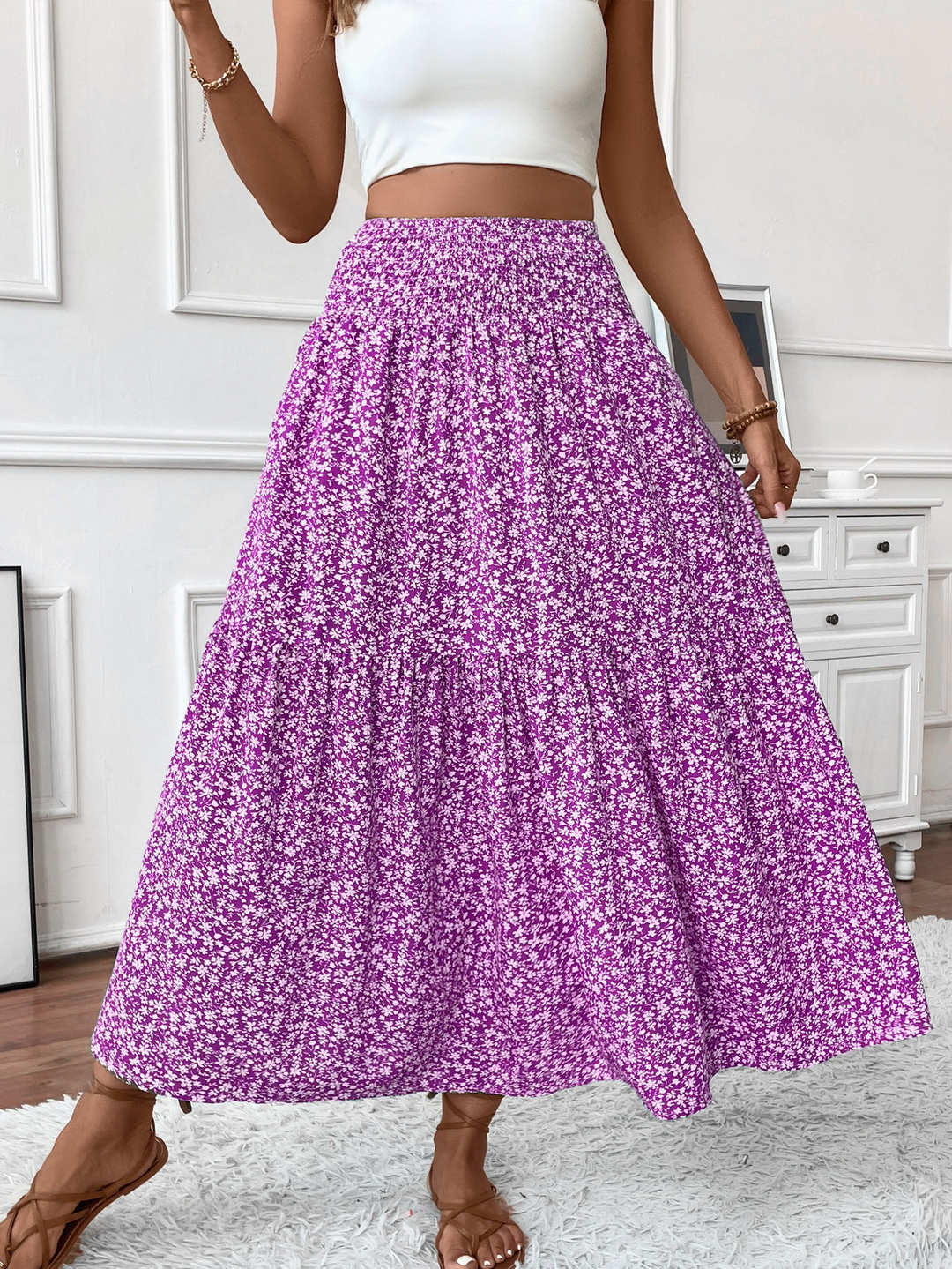 Floral print three-layer patchwork long skirt