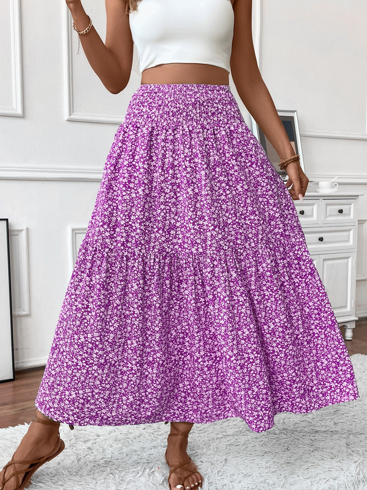 Floral print three-layer patchwork long skirt