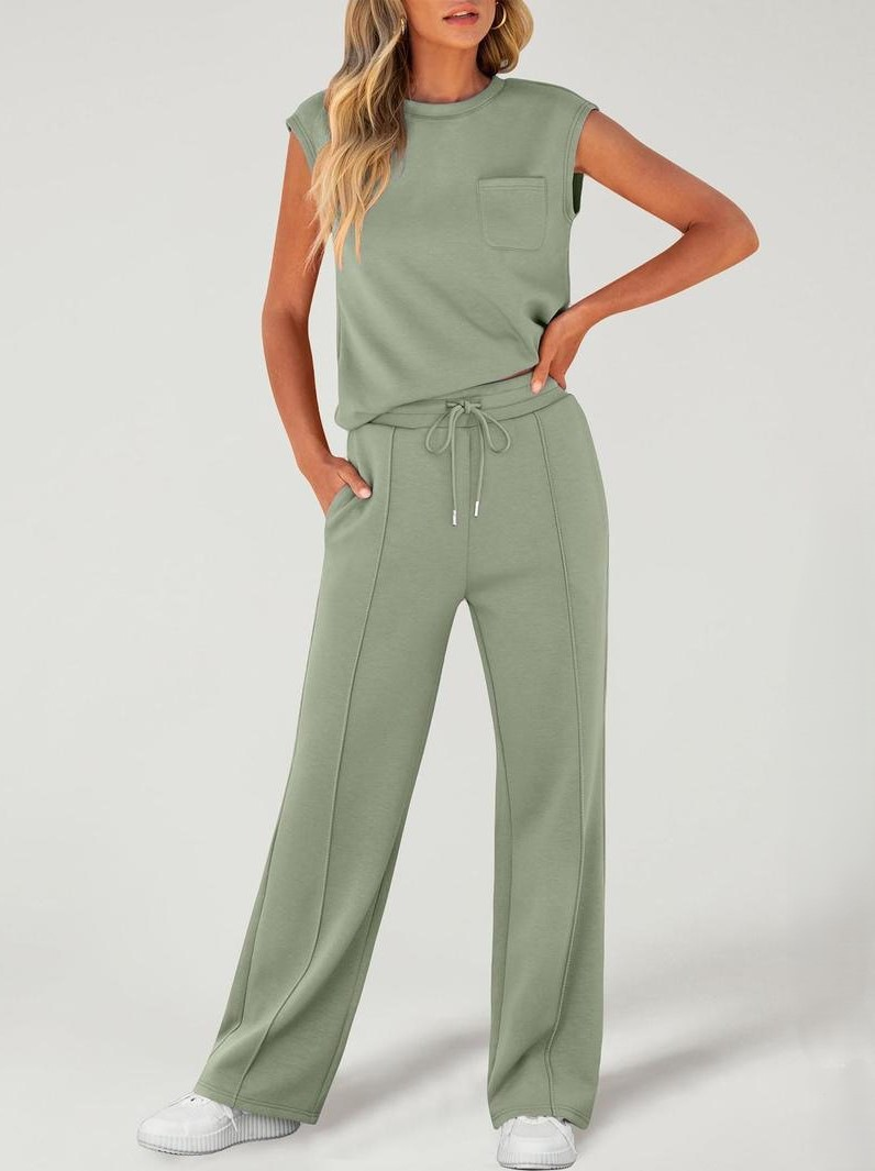 Sleeveless high-waisted wide-leg pants suit