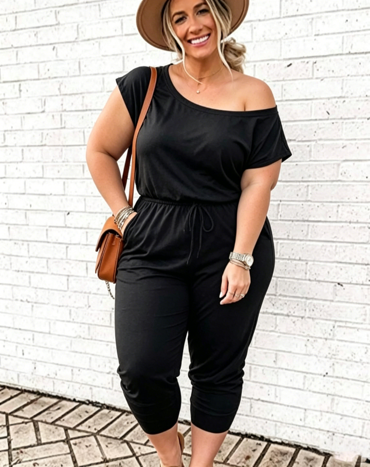 Slanted Shoulder Short Sleeve Pocket Jumpsuit
