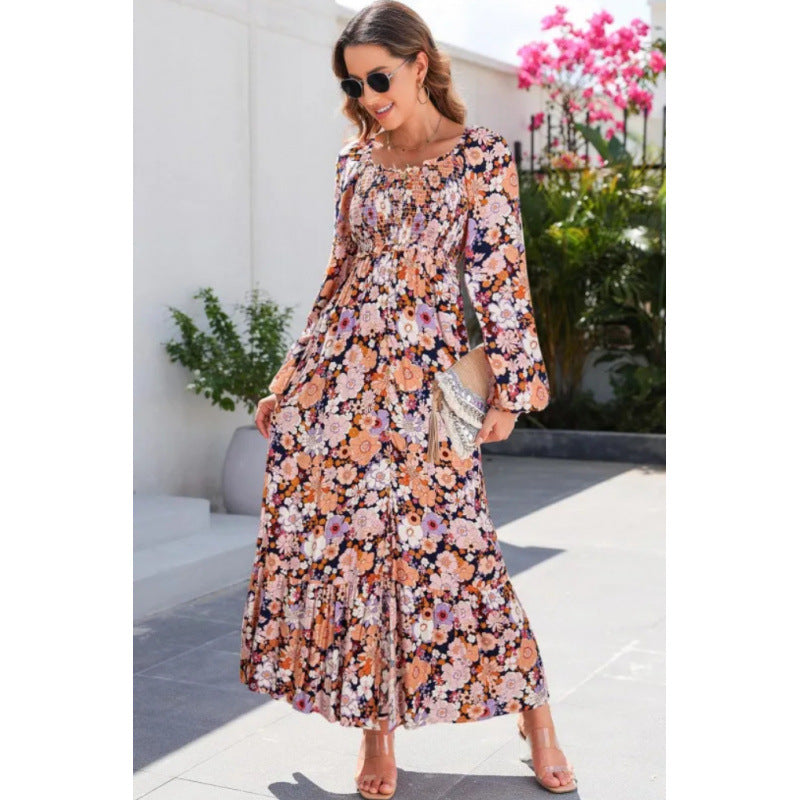 Fashion Printed Long Sleeve Square Neck Dress