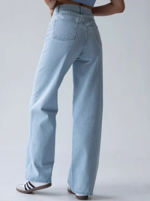 Stylish high-waisted straight-leg loose-fitting jeans