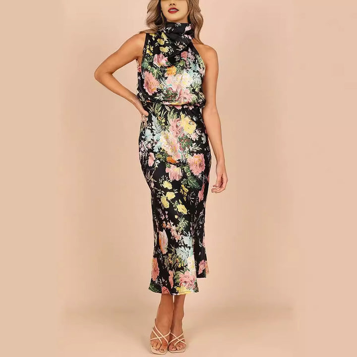 Sleeveless halter neck printed satin dress