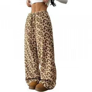 Fleece-lined and thickened leopard print wide-leg pants