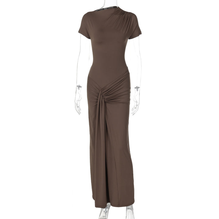 Slim-fit pleated tie-waist short-sleeved dress