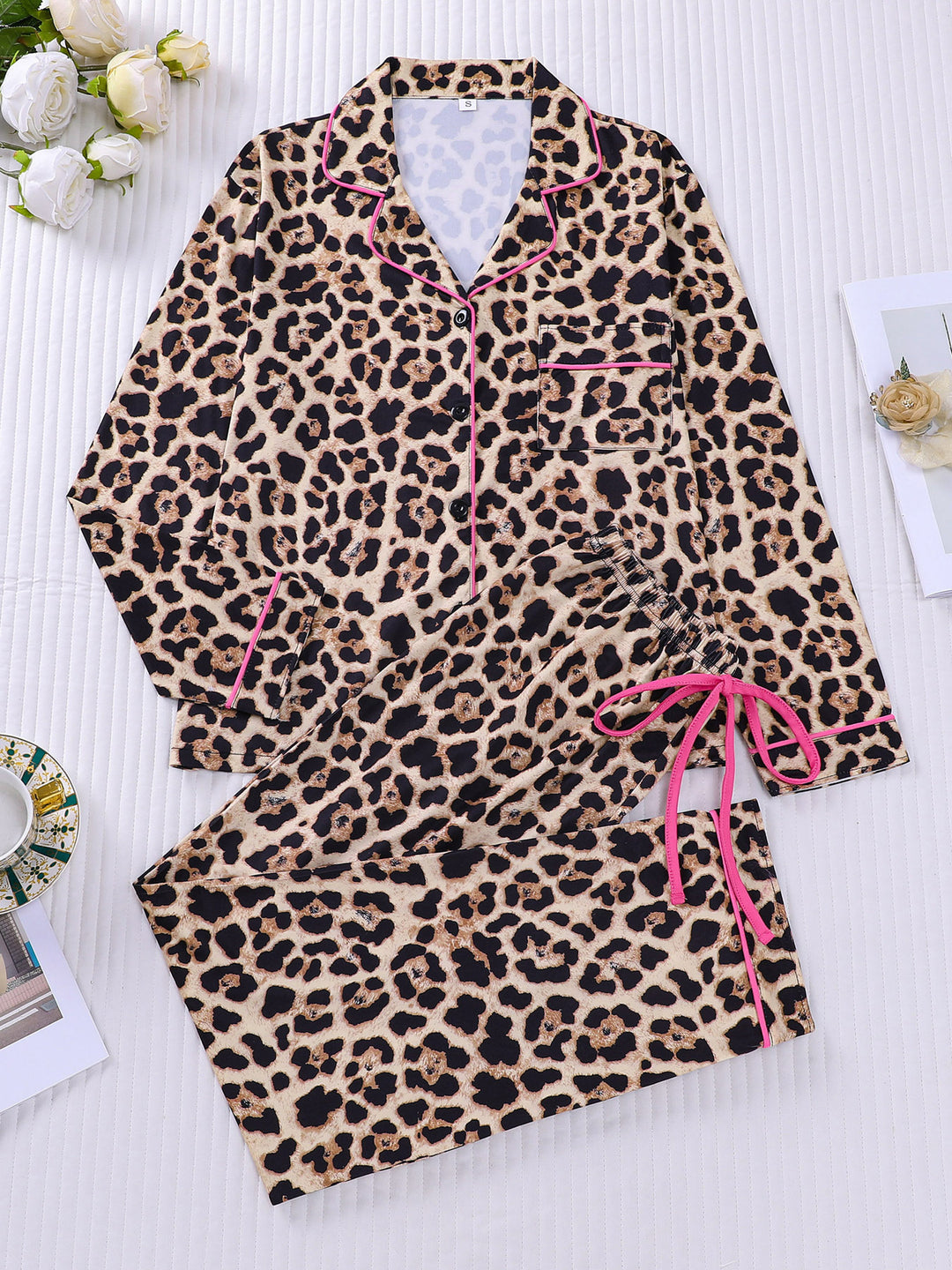 Leopard print long-sleeved shirt and trousers two-piece set