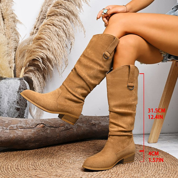 Suede pointed-toe square-heeled high boots