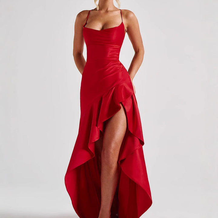 Spaghetti strap backless ruffle dress