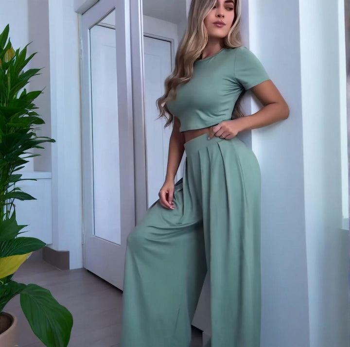 Round neck solid color wide leg pants casual suit