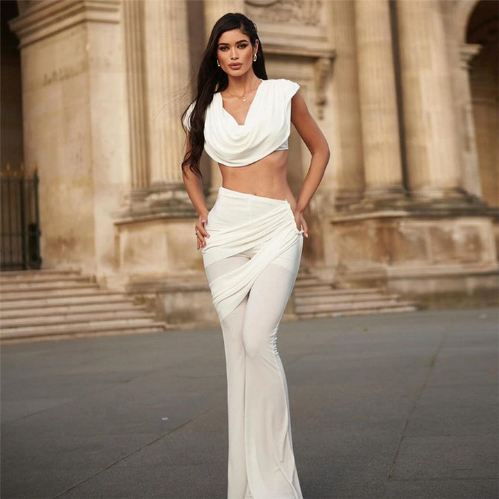 Slim-fit pleated V-neck short casual suit
