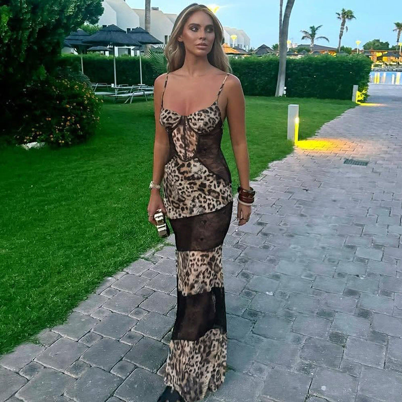 Leopard print lace-trimmed slip dress