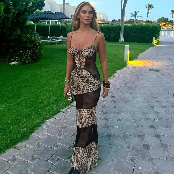 Leopard print lace-trimmed slip dress