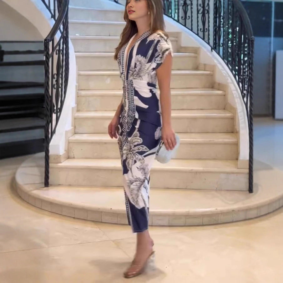 Printed V-neck slit dress