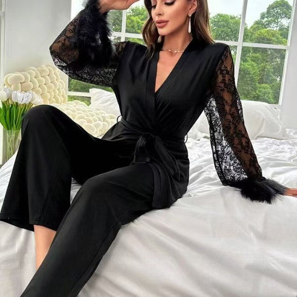 Patchwork lace V-neck trousers/robe