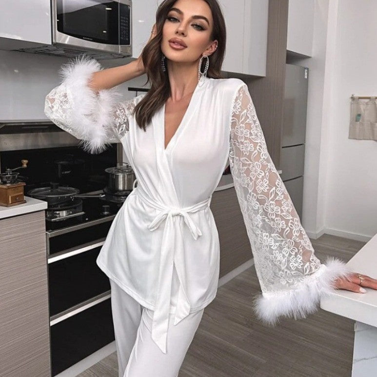Patchwork lace V-neck trousers/robe