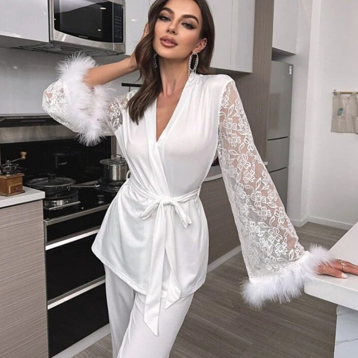 Patchwork lace V-neck trousers/robe