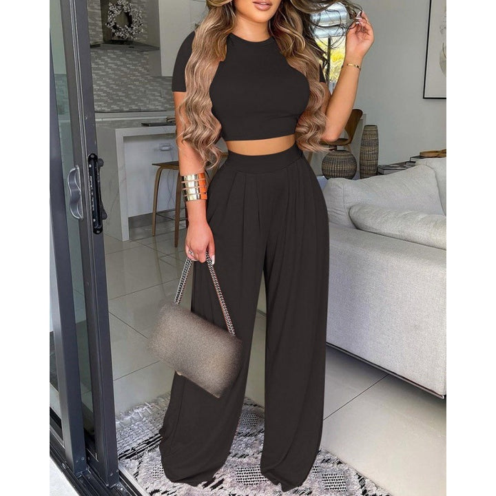 Round neck solid color wide leg pants casual suit