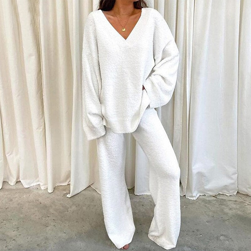Solid-Color V-Neck Casual Sweater Set
