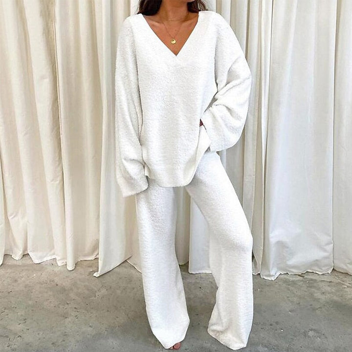 Solid-Color V-Neck Casual Sweater Set