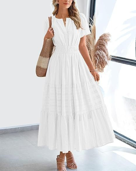 V-neck pleated bubble sleeve layered dress