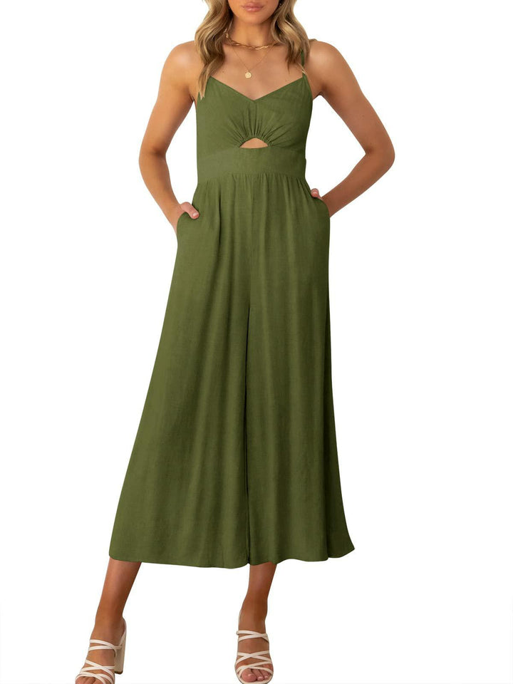 Solid color hollow suspender jumpsuit