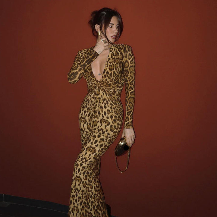 Twisted long-sleeved leopard print dress