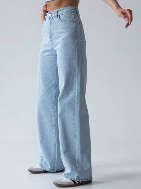 Stylish high-waisted straight-leg loose-fitting jeans