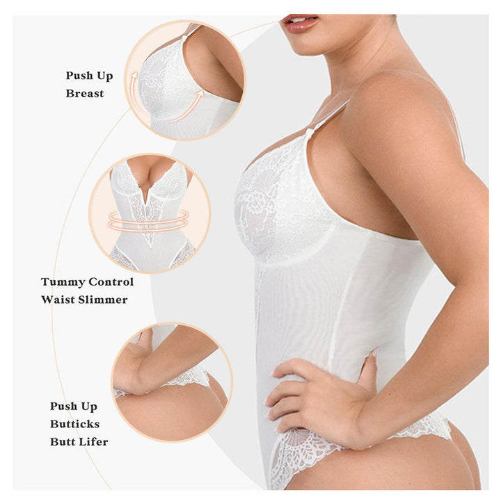 Lace waist cinching and hip lifting bodysuit jumpsuit