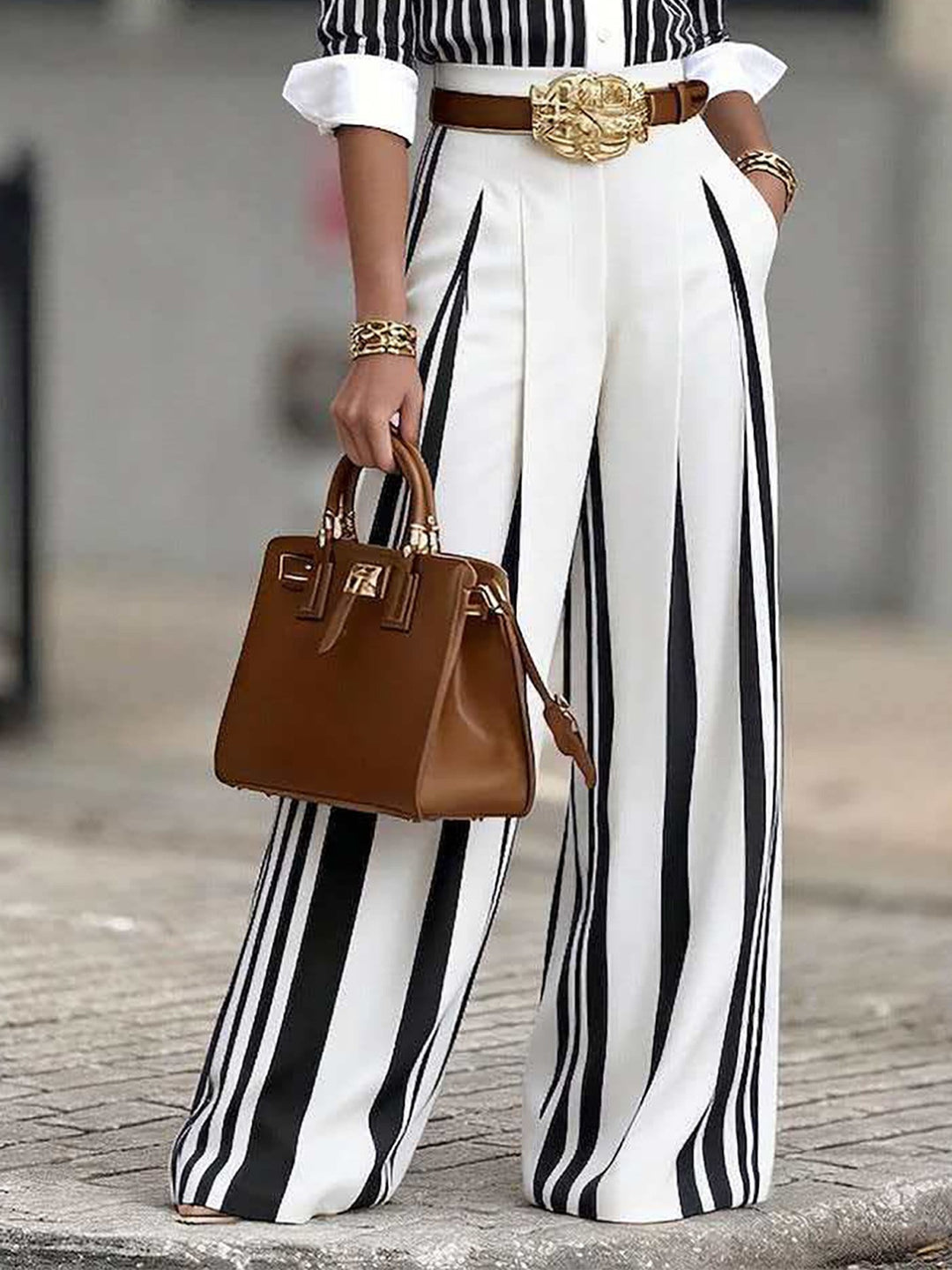 Casual striped shirt and slim-fit color-blocked trousers