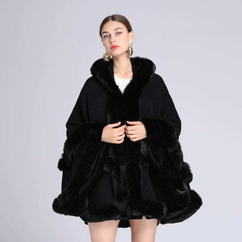 Fur-collared shawl cape cardigan