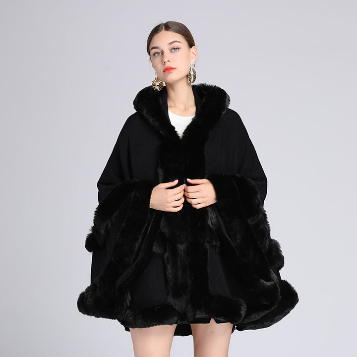 Fur-collared shawl cape cardigan