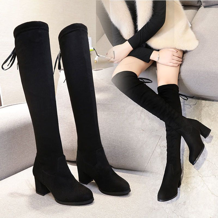 High-heeled knee-high elastic boots